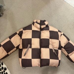 Edikted Checkered Puffer Jacket in Brown and Tan